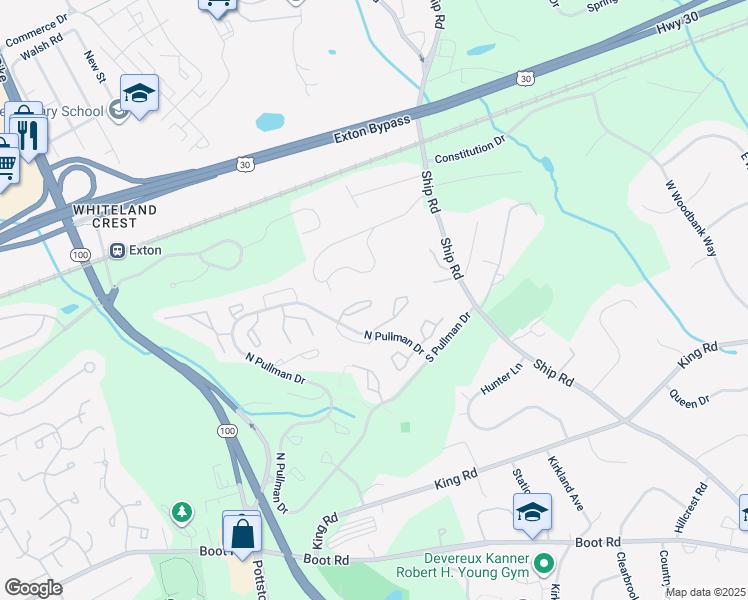 map of restaurants, bars, coffee shops, grocery stores, and more near 727 Chessie Court in West Chester