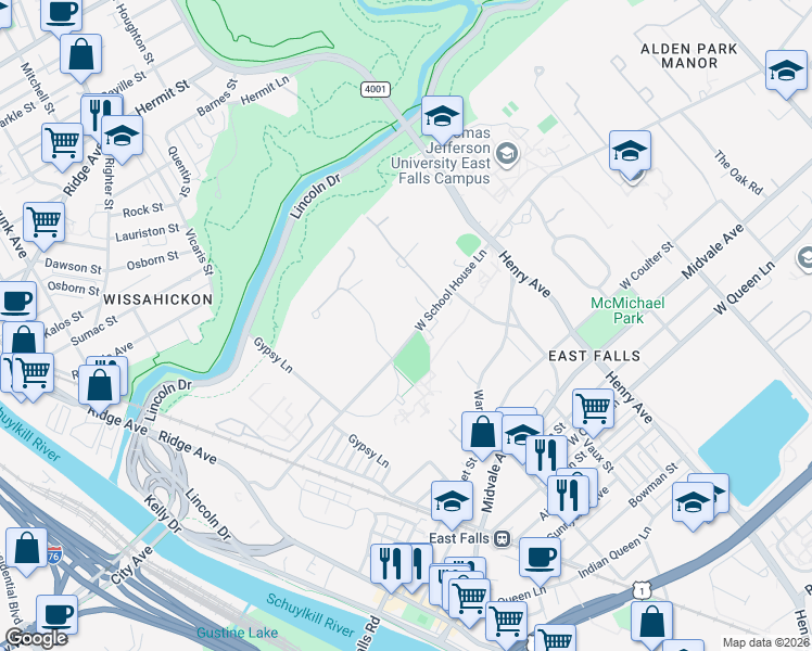 map of restaurants, bars, coffee shops, grocery stores, and more near 4029 Apalogen Road in Philadelphia