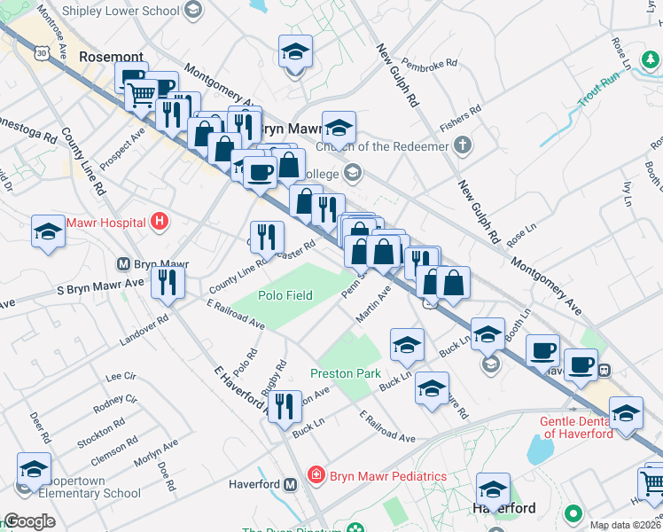 map of restaurants, bars, coffee shops, grocery stores, and more near 659 Dayton Road in Bryn Mawr