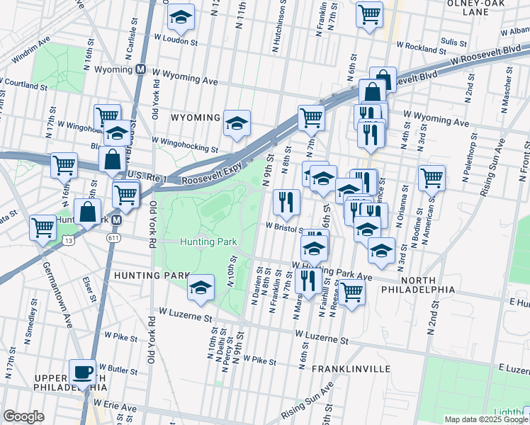 map of restaurants, bars, coffee shops, grocery stores, and more near 4323 North 9th Street in Philadelphia