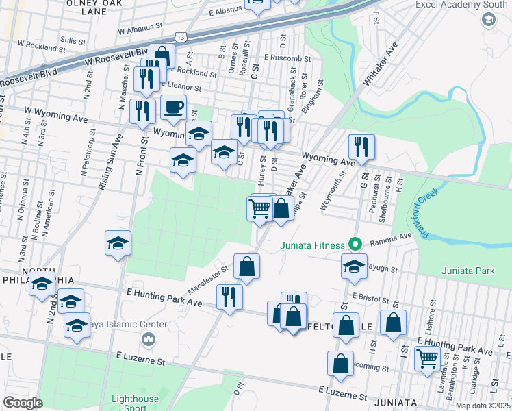 map of restaurants, bars, coffee shops, grocery stores, and more near 4516 Hurley Street in Philadelphia