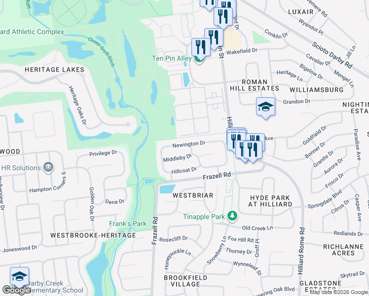 map of restaurants, bars, coffee shops, grocery stores, and more near 5717 Newington Drive in Hilliard