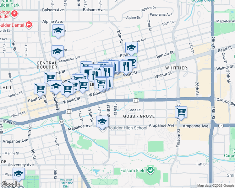 map of restaurants, bars, coffee shops, grocery stores, and more near 1834 18th Street in Boulder