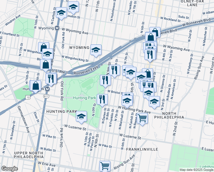 map of restaurants, bars, coffee shops, grocery stores, and more near 4323 North 9th Street in Philadelphia