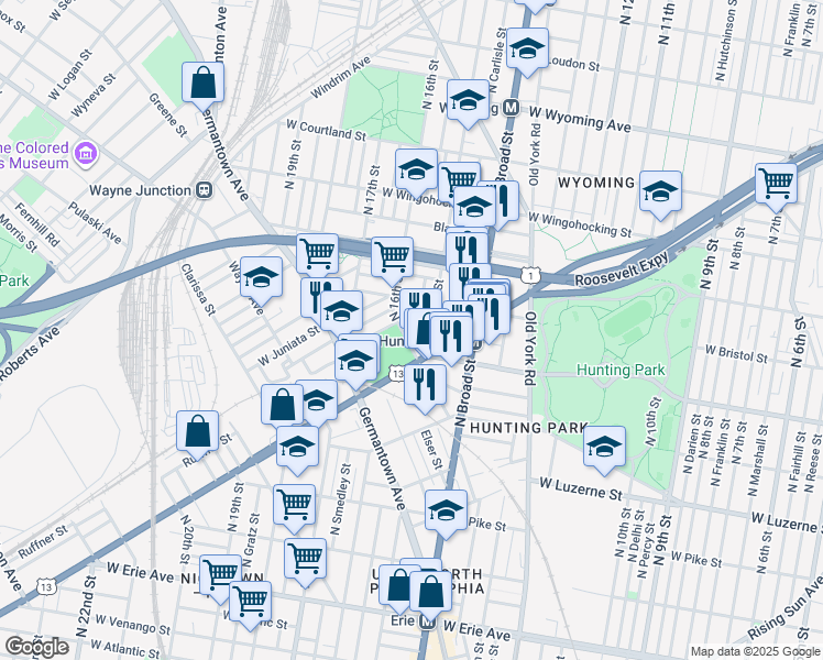 map of restaurants, bars, coffee shops, grocery stores, and more near 4246 North Hicks Street in Philadelphia