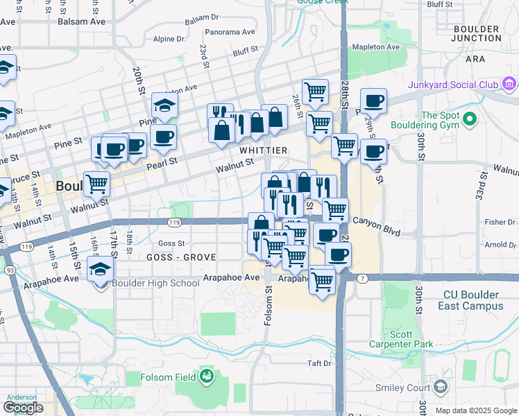 map of restaurants, bars, coffee shops, grocery stores, and more near 1833 Folsom Street in Boulder