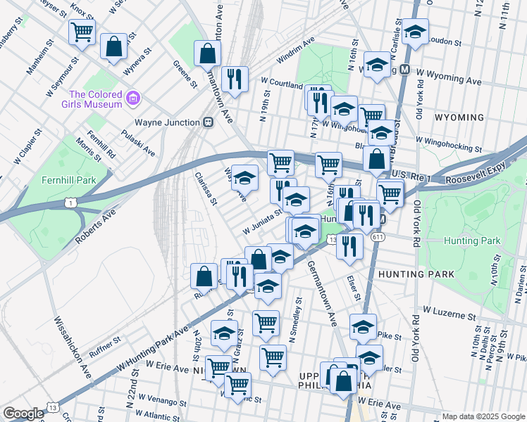 map of restaurants, bars, coffee shops, grocery stores, and more near 1848 Brunner Street in Philadelphia