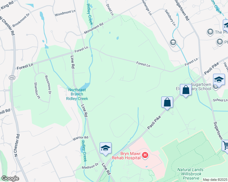 map of restaurants, bars, coffee shops, grocery stores, and more near 16 Indian Way in Malvern