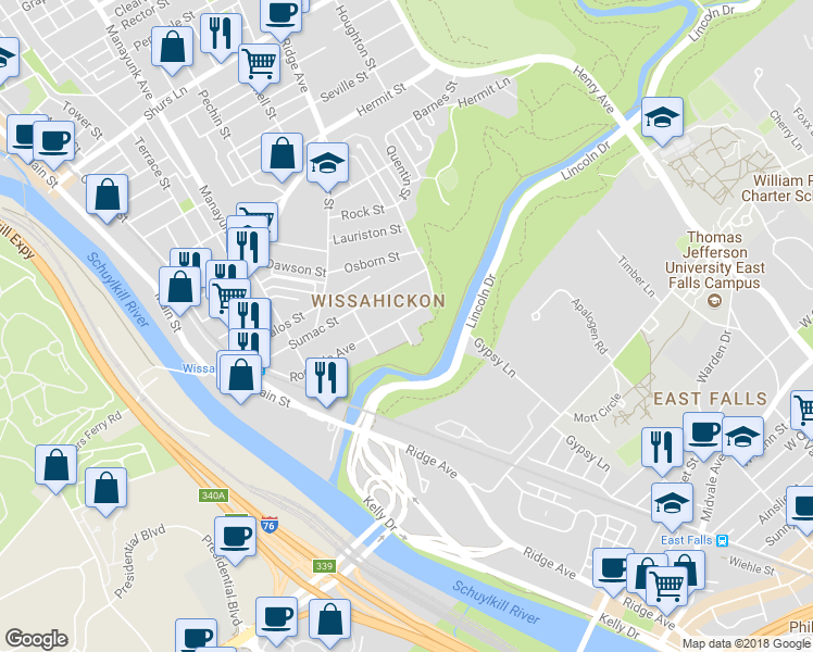 map of restaurants, bars, coffee shops, grocery stores, and more near 240 Rochelle Avenue in Philadelphia