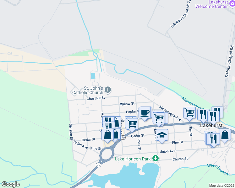 map of restaurants, bars, coffee shops, grocery stores, and more near 619 Chestnut Street in Lakehurst