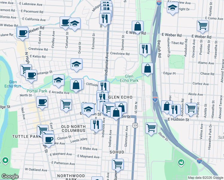 map of restaurants, bars, coffee shops, grocery stores, and more near 416 Glen Echo Circle in Columbus