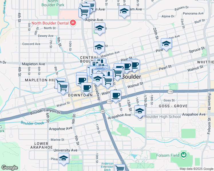 map of restaurants, bars, coffee shops, grocery stores, and more near 2015 13th Street in Boulder