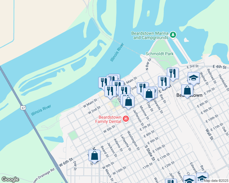 map of restaurants, bars, coffee shops, grocery stores, and more near 121 South State Street in Beardstown