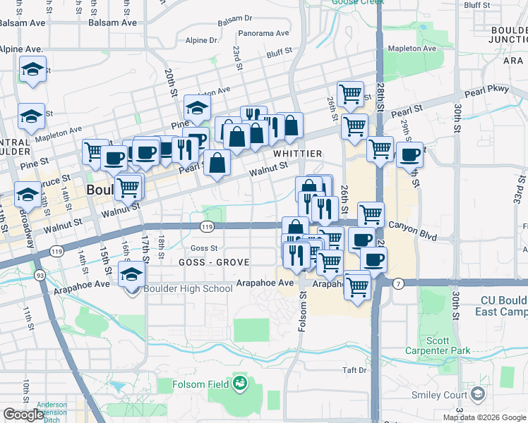 map of restaurants, bars, coffee shops, grocery stores, and more near 2227 Canyon Boulevard in Boulder