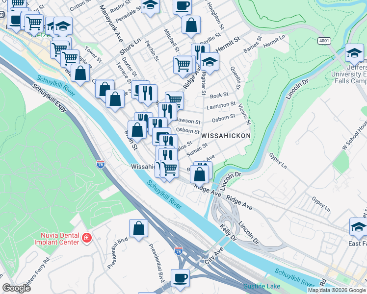 map of restaurants, bars, coffee shops, grocery stores, and more near Manayunk Ave & Kalos St in Philadelphia