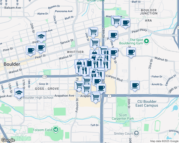 map of restaurants, bars, coffee shops, grocery stores, and more near 1853 26th Street in Boulder