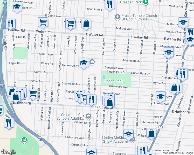 map of restaurants, bars, coffee shops, grocery stores, and more near 2571 Hamilton Avenue in Columbus