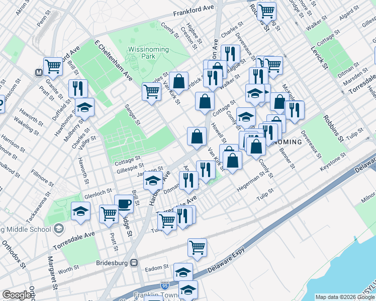 map of restaurants, bars, coffee shops, grocery stores, and more near 5742 Harbison Avenue in Philadelphia
