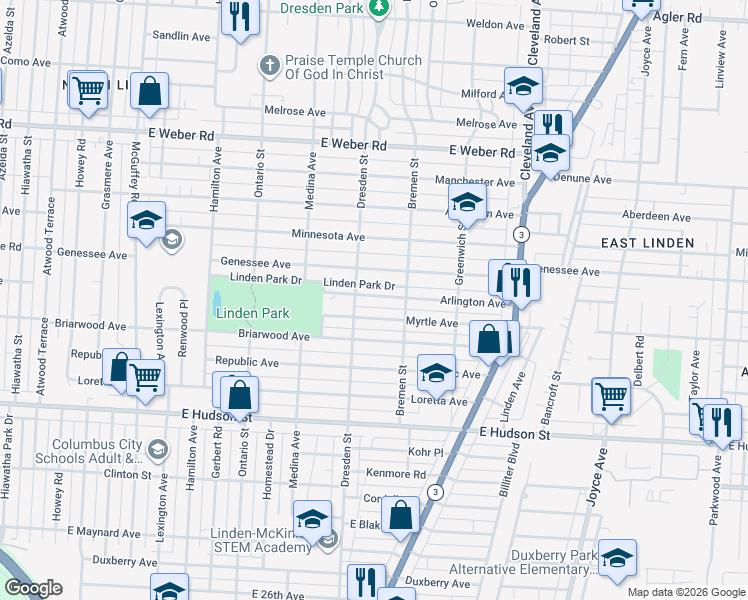 map of restaurants, bars, coffee shops, grocery stores, and more near 1491 Genessee Avenue in Columbus