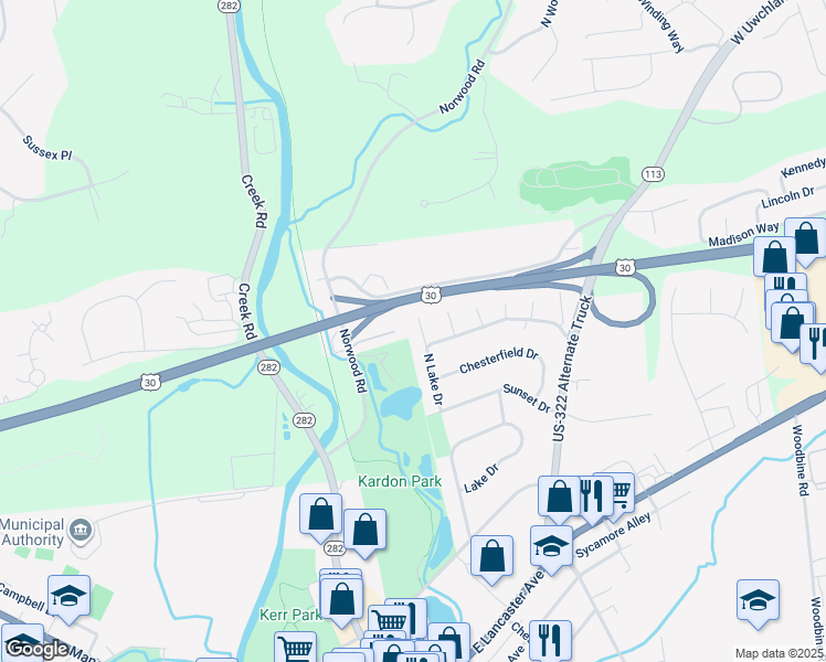 map of restaurants, bars, coffee shops, grocery stores, and more near 304 North Lake Drive in Downingtown