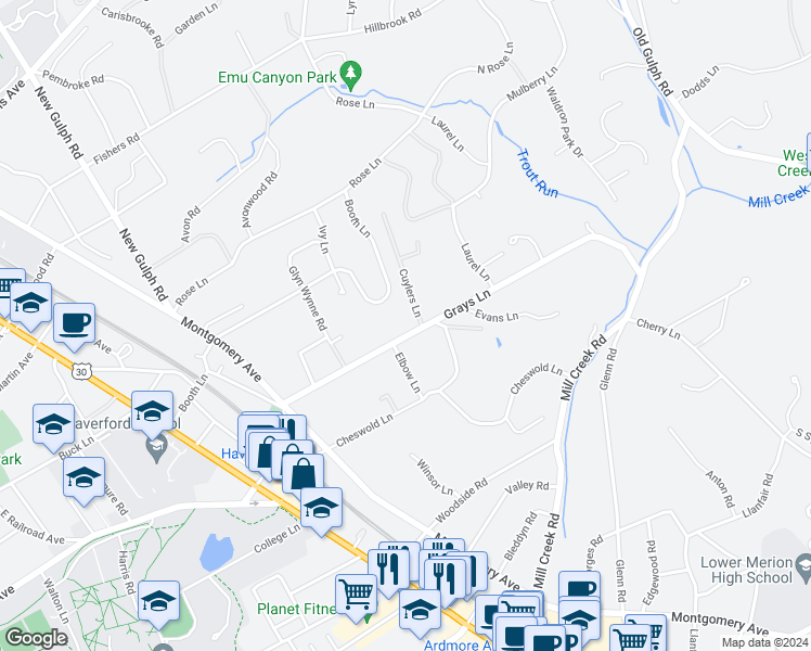 map of restaurants, bars, coffee shops, grocery stores, and more near 218 Grays Lane in Haverford