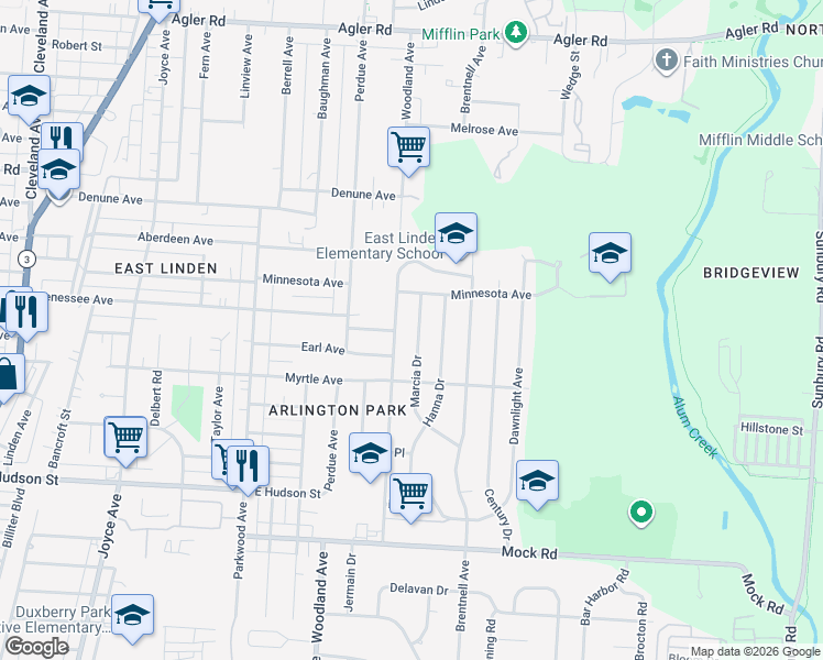 map of restaurants, bars, coffee shops, grocery stores, and more near 2407 Marcia Drive in Columbus