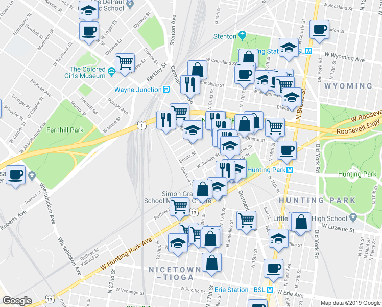 map of restaurants, bars, coffee shops, grocery stores, and more near 1913 Bonitz Street in Philadelphia