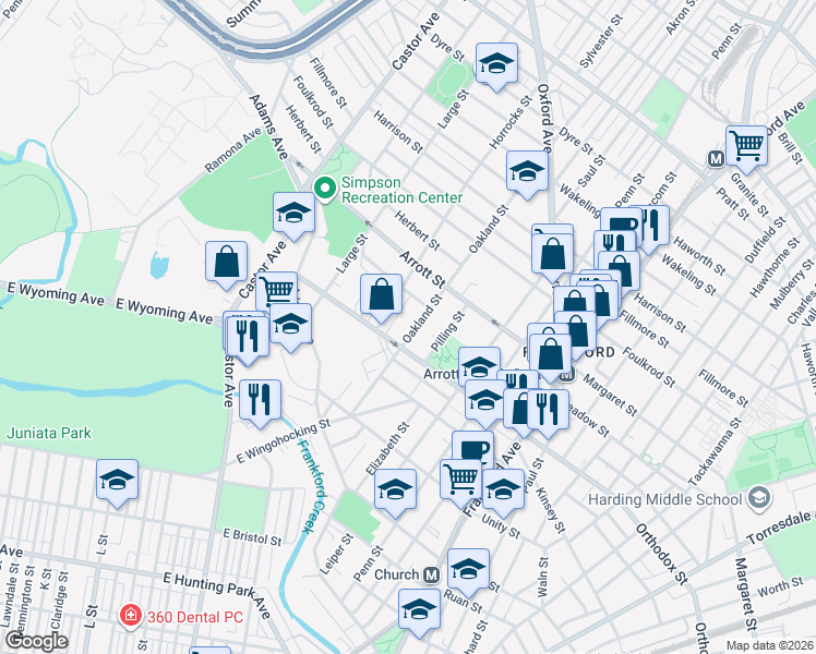 map of restaurants, bars, coffee shops, grocery stores, and more near 1241 Orthodox Street in Philadelphia