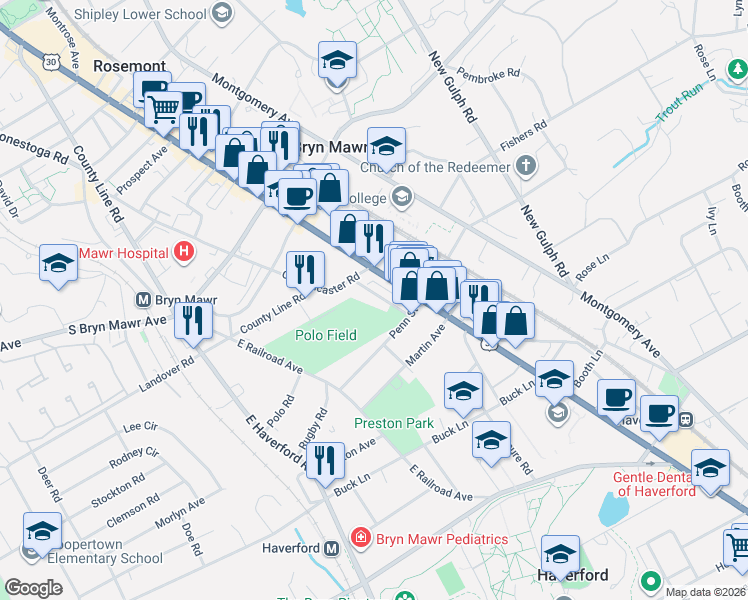 map of restaurants, bars, coffee shops, grocery stores, and more near 659 Dayton Road in Bryn Mawr