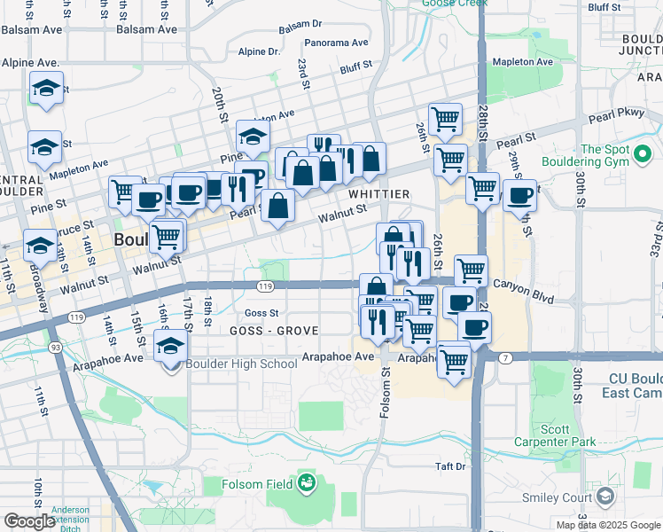 map of restaurants, bars, coffee shops, grocery stores, and more near 1834 22nd Street in Boulder