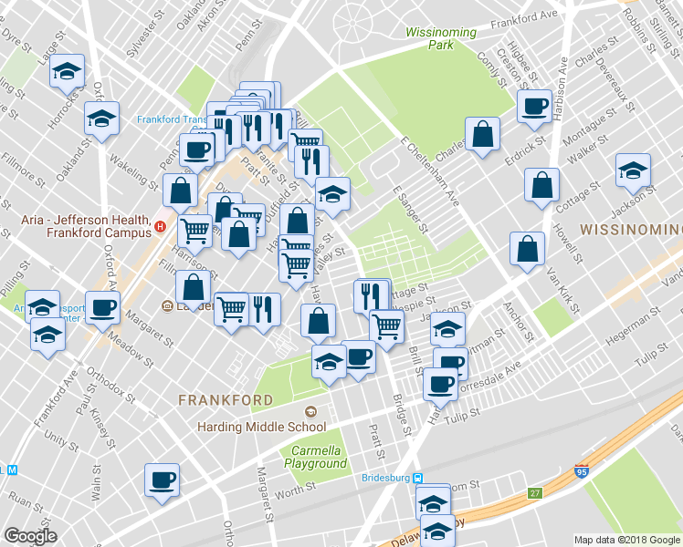 map of restaurants, bars, coffee shops, grocery stores, and more near 5113 Erdrick Street in Philadelphia