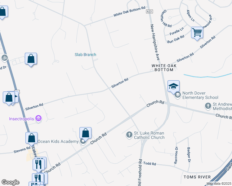 map of restaurants, bars, coffee shops, grocery stores, and more near 1329 Silverton Road in Toms River