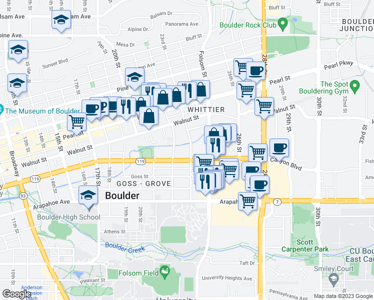 map of restaurants, bars, coffee shops, grocery stores, and more near 1834 22nd Street in Boulder