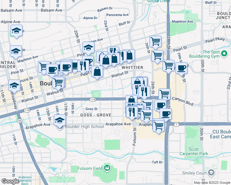 map of restaurants, bars, coffee shops, grocery stores, and more near 1834 22nd Street in Boulder