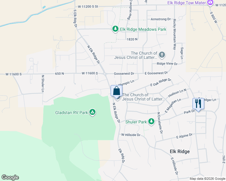 map of restaurants, bars, coffee shops, grocery stores, and more near 551 Elk Ridge Drive in Elk Ridge