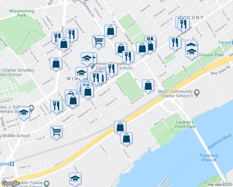 map of restaurants, bars, coffee shops, grocery stores, and more near 6162 Hegerman Street in Philadelphia