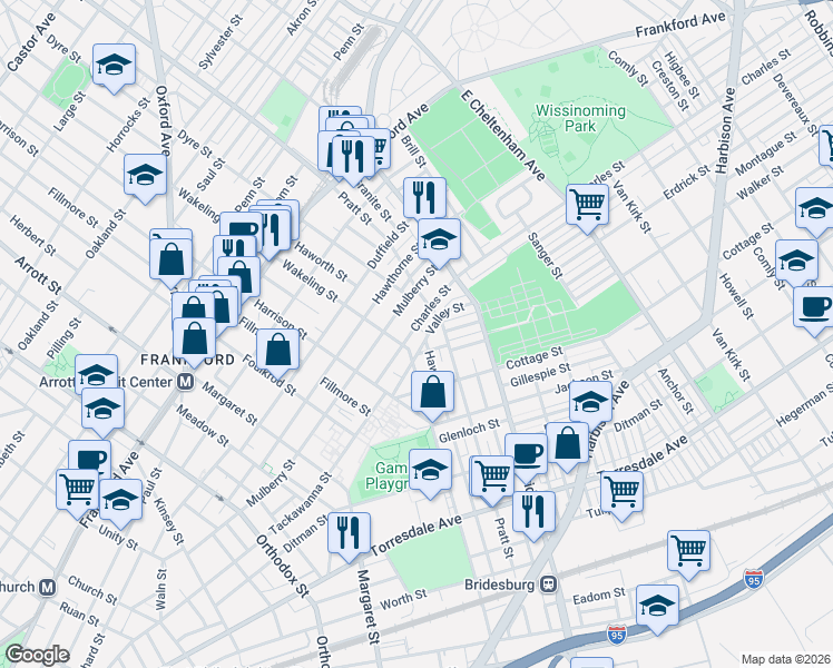 map of restaurants, bars, coffee shops, grocery stores, and more near 5034 Charles Street in Philadelphia