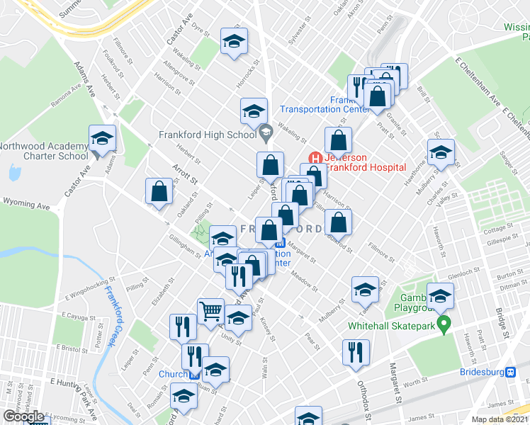 map of restaurants, bars, coffee shops, grocery stores, and more near 4771 Oxford Avenue in Philadelphia