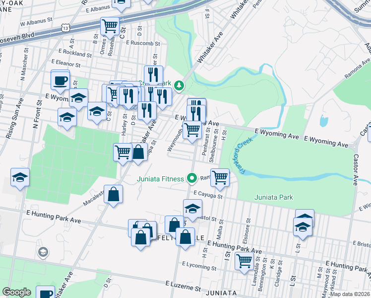 map of restaurants, bars, coffee shops, grocery stores, and more near 605 East Courtland Street in Philadelphia