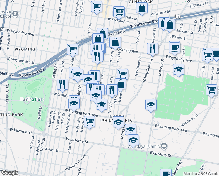 map of restaurants, bars, coffee shops, grocery stores, and more near 4427 North Orianna Street in Philadelphia