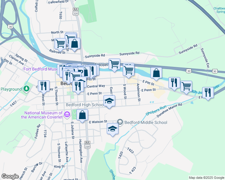 map of restaurants, bars, coffee shops, grocery stores, and more near 120 East Street in Bedford