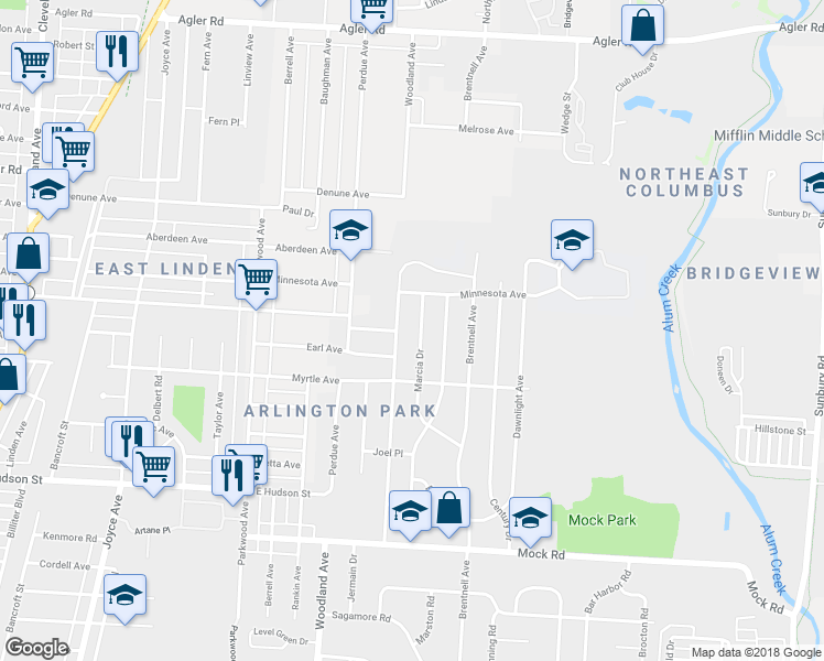 map of restaurants, bars, coffee shops, grocery stores, and more near 2427 Marcia Drive in Columbus