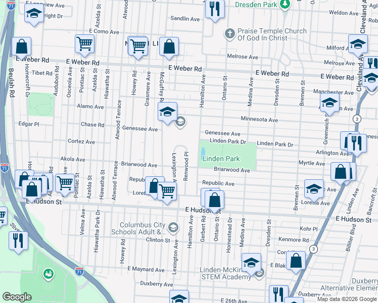 map of restaurants, bars, coffee shops, grocery stores, and more near 2571 Hamilton Avenue in Columbus