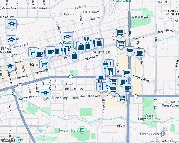 map of restaurants, bars, coffee shops, grocery stores, and more near 1834 22nd Street in Boulder