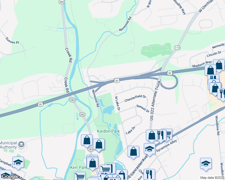 map of restaurants, bars, coffee shops, grocery stores, and more near 304 North Lake Drive in Downingtown