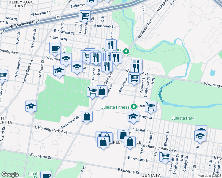 map of restaurants, bars, coffee shops, grocery stores, and more near 4549 Tampa Street in Philadelphia
