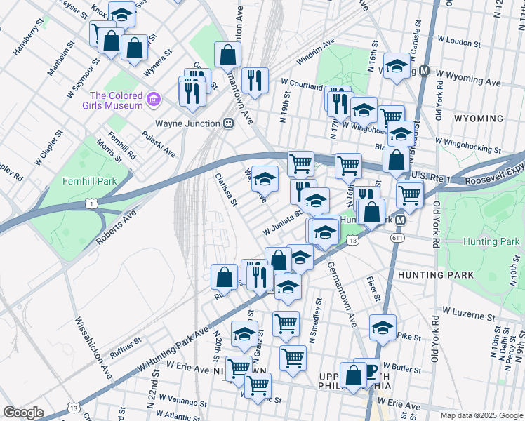 map of restaurants, bars, coffee shops, grocery stores, and more near 1913 Bonitz Street in Philadelphia