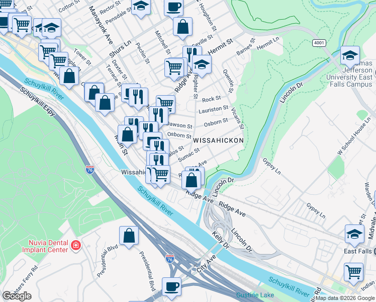 map of restaurants, bars, coffee shops, grocery stores, and more near 169 Kalos Street in Philadelphia