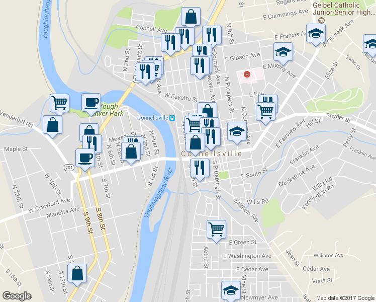 map of restaurants, bars, coffee shops, grocery stores, and more near 199 North Arch Street in Connellsville