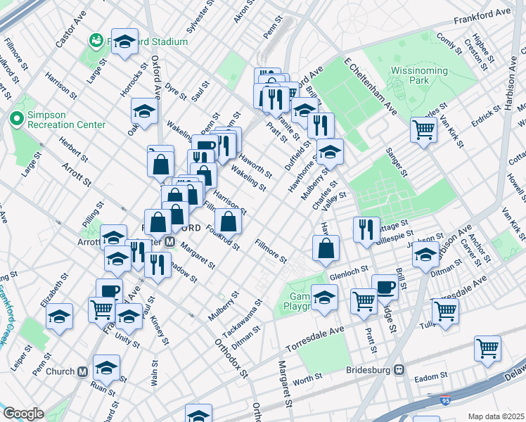 map of restaurants, bars, coffee shops, grocery stores, and more near 4919 Duffield Street in Philadelphia